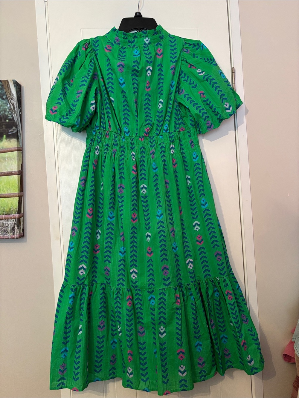 Umgee Green Midi Dress with Blue and Pink Pattern - Picture 2 of 3